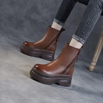  Женские тонкие ботинки на толстой подошве из натуральной кожи, новинка 2023 года, осенне-зимние женские короткие ботинки с двойной застежкой-молнией на губчатой подошве с высокой посадкой