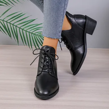  Женские туфли на низком каблуке со шнуровкой 2023, осенне-зимние женские туфли на толстом каблуке с острым носком, женская обувь zapatos de mujer